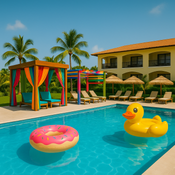 Fun vibe at a playful resort with lazy rivers, slides, and splash zones