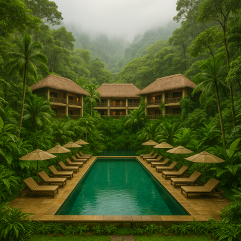 Rainforest vibe at a tropical resort surrounded by dense jungle and vibrant nature