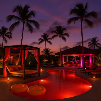 Sensual vibe at a clothing-optional or adult resort with an intimate, free-spirited feel