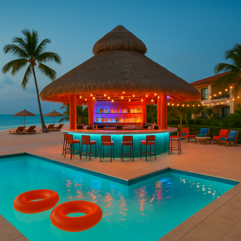 Party vibe at an all-inclusive resort with swim-up bars and lively pool scenes